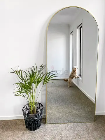 Large Full-Length Arched Floor Mirror with Gold Frame