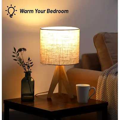 Modern Wooden Tripod Table Lamp with Fabric Shade