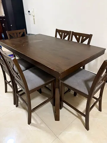 Solid Wood 6-Seater Dining Table with Cushioned Chairs - Dark Brown