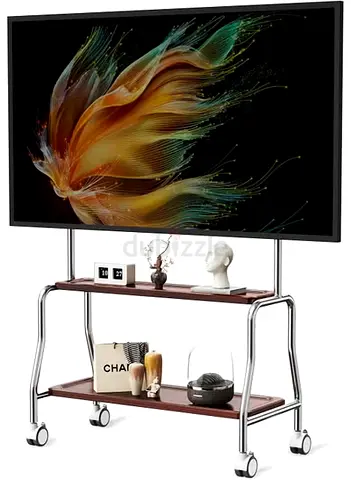 Mobile TV Stand on Wheels with Two Shelves - Chrome Frame, Wooden Boards