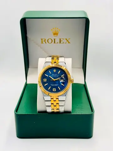 Rolex-style two-tone wristwatch with blue dial (in box)