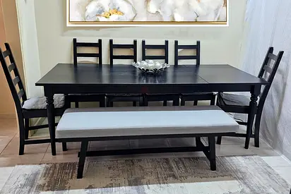 Wooden Extendable dining table +6 chairs+long benches IKEA like new.