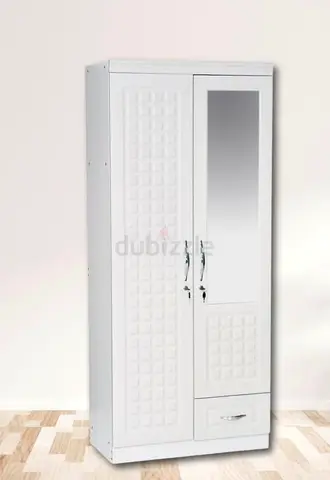 White 2-Door Wardrobe with Mirror and Drawer - Good Condition