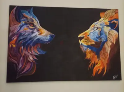 Original Hand-Painted Canvas: Colorful Wolf vs Lion Portrait