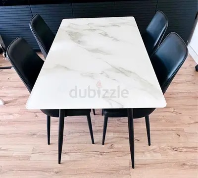 Modern 4-6 Seater Marble Effect Dining Table with 6 Black Chairs