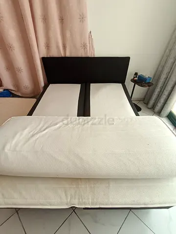 Queen size bed frame with mattress (used) - simple black headboard