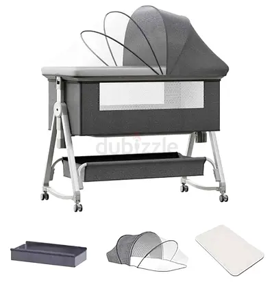 Gray Baby Bassinet with Canopy, Wheels and Storage Shelf
