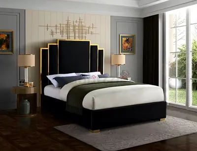 Modern Black Velvet double Bed with Gold Trim and Headboard