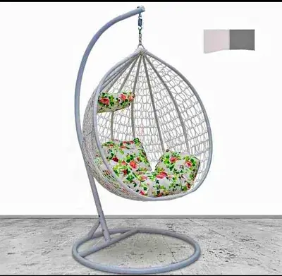 White Hanging Egg Chair with Stand and Floral Cushions - Indoor/Outdoor