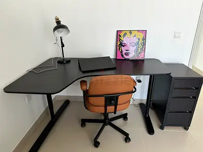 Black L-shaped Office Desk with 3-Drawer Pedestal and Office Chair
