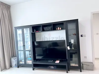 Modern Black Entertainment Center with Glass Display Cabinets