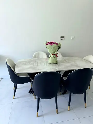 Modern Marble-Top Dining Table with 6 Black Chairs - Excellent Condition