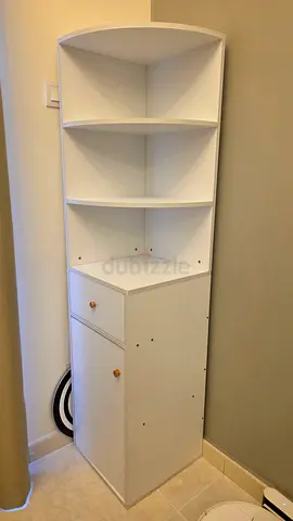White tall storage cabinet with open shelves and two drawers - good condition