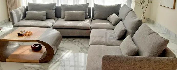Large L-shaped Grey Fabric Sectional Sofa — Comfortable Family Corner Sofa