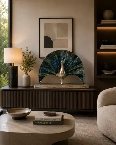 Artistic Peacock Sculpture with Blue and Green Plumage Decor from Marina Home