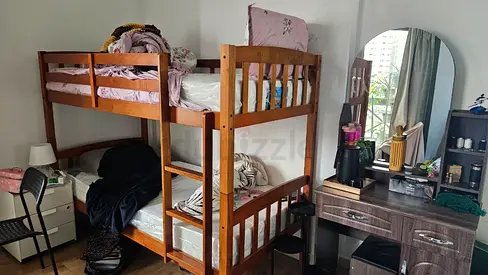Solid Wood Bunk Bed with Thick Mattress - Good Condition