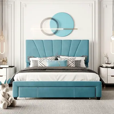Modern Teal Upholstered Double Bed with Headboard and Storage