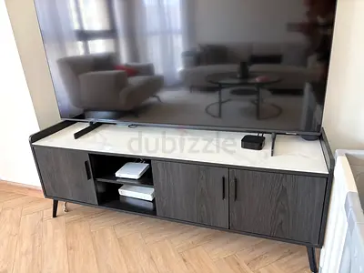 Modern TV Entertainment Unit with Marble Top - Dark Wood
