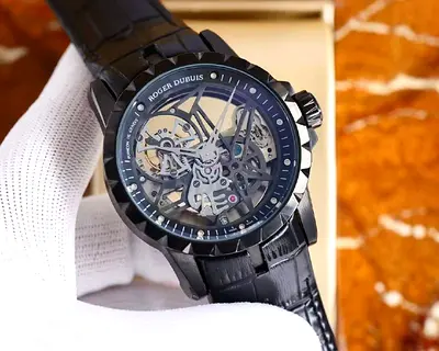 Roger Dubuis style skeleton mechanical mens watch — black leather strap