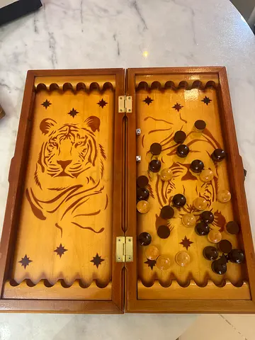 Wooden Backgammon / Checkers Set with Tiger Inlay - Good Condition