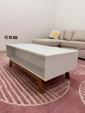 White Coffee Table with Wooden Legs (2 spacious drawers)