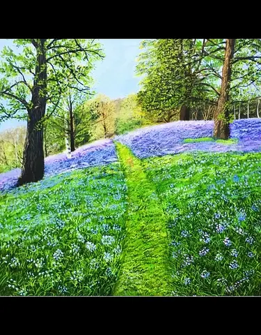 Gold Framed Landscape Original Oil Painting of Meadow with Bluebells.