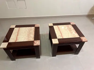 Pair of square wooden side tables with faux marble inlay