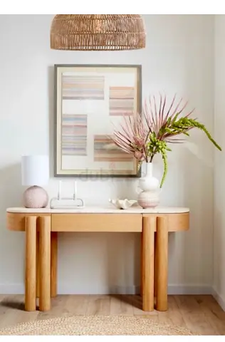 Oval wood console Table with travertine finishing