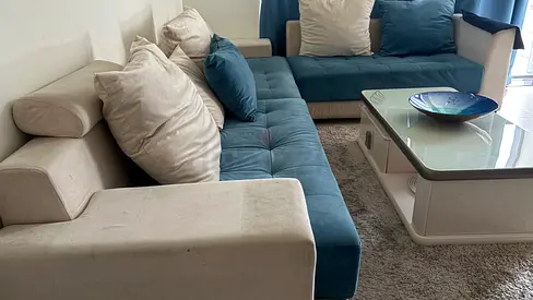 6 seater L-shaped Blue  Beige Sectional Sofa - Good Condition