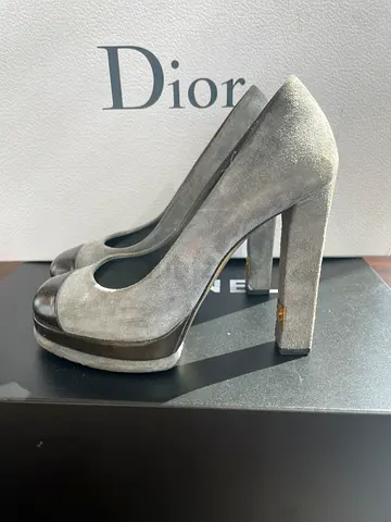 Chanel Grey Suede Heels Block Heel Platform Shoes