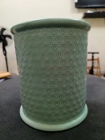 Ceramic Utensil Holder / Small Planter - Green Patterned