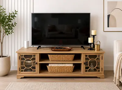 Indigo Living Solid Wood TV Console Cabinet with Decorative Glass Doors