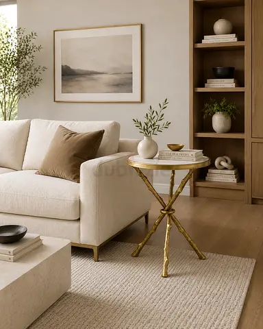 Williams Sonoma Modern Gold Branch Side Table with Marble Top