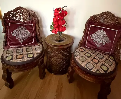 Hand-carved Wooden Chairs (Pair) with Decorative Table