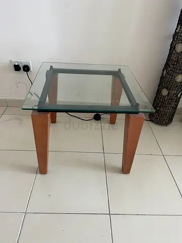 Glass Top Side Table with Wooden Legs — Good Condition - Ajman