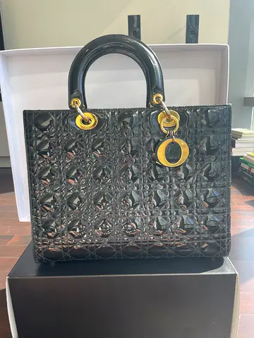 Christian Dior Lady Dior Patent Leather Bag – Black  Gold – Large with Strap