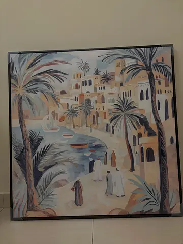 Framed Palm Trees and Waterfront Mediterranean-Style Painting