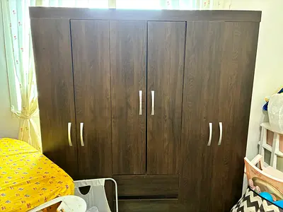 Dark Wood 3-Door Wardrobe with Drawers — Good Condition