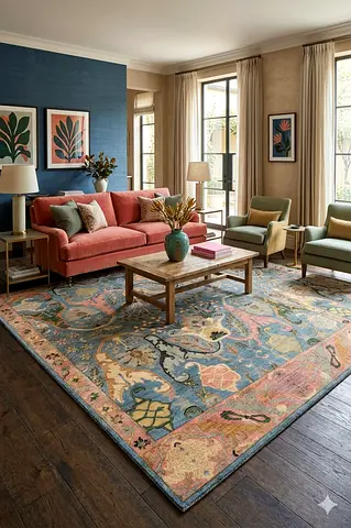 2.8 x 3.7 | 9 x 12 kawros afghan handmade Traditional Patterned Blue and Pink Rug living room rug