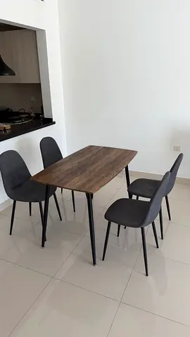 Wooden 4-Seater Dining Table with 4 Grey Chairs - Good Condition