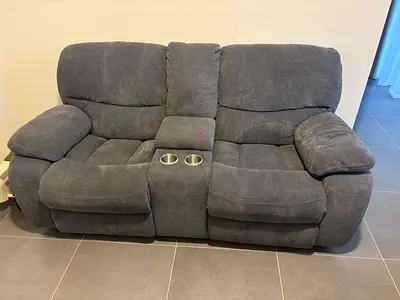 Grey 2-Seater Recliner Sofa with Cup Holders — Good Condition