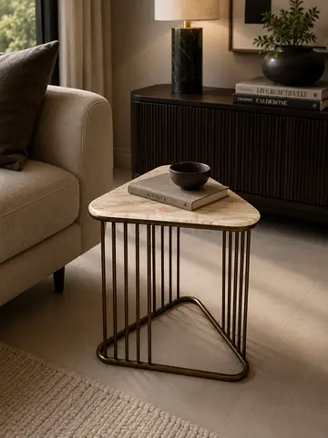 Marina Home Marble Top Triangle Side Table with Brass Frame