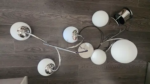 Modern chrome 6-arm ceiling light with frosted glass globes, 2 pieces