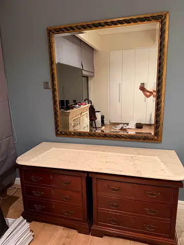 Large Ornate Wall Mirror with Wooden Dresser and marble topping table (Used)