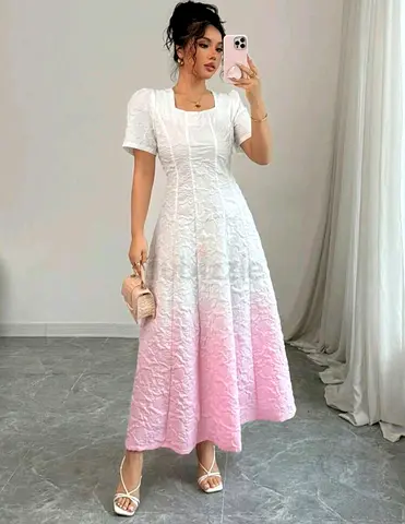 White to Pink Ombre Textured Midi Dress with Square Neck with hand painted dupatta