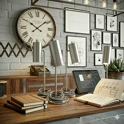 Set of 4 Modern Metal Desk/Table Lamps - Brushed Steel Finish