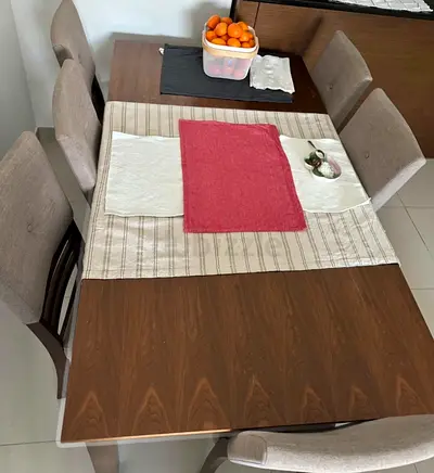 Wooden 6-Seater Dining Table with Upholstered Chairs - Good Condition.