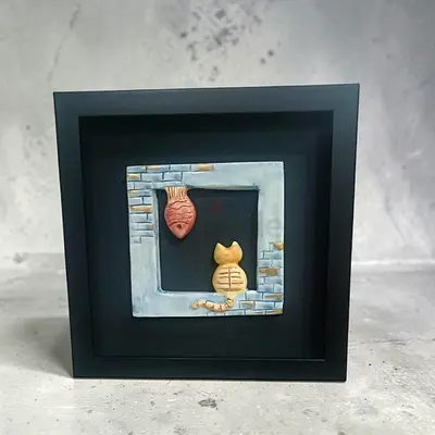 Framed 3D Wall Art - Cat and Fish Ceramic Relief