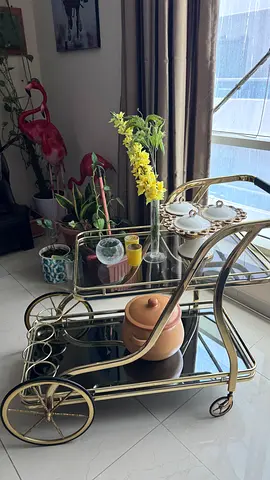 Vintage Gold Metal Tea/Bar Serving Trolley with Glass Shelves