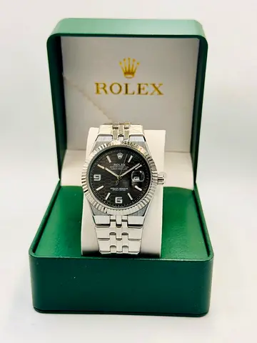 Rolex stainless steel mens watch with black dial in original box